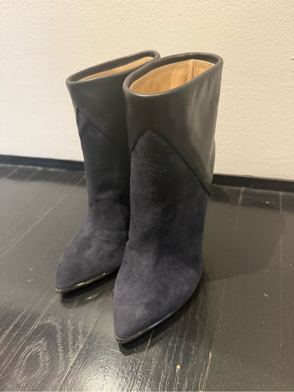 IRO Black Leather Navy Suede Pointed-Toe Boots